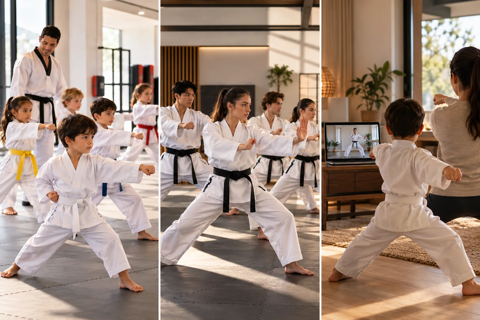 A progression from children learning in a dojang, to advanced students practicing, to a family training with online lessons at home